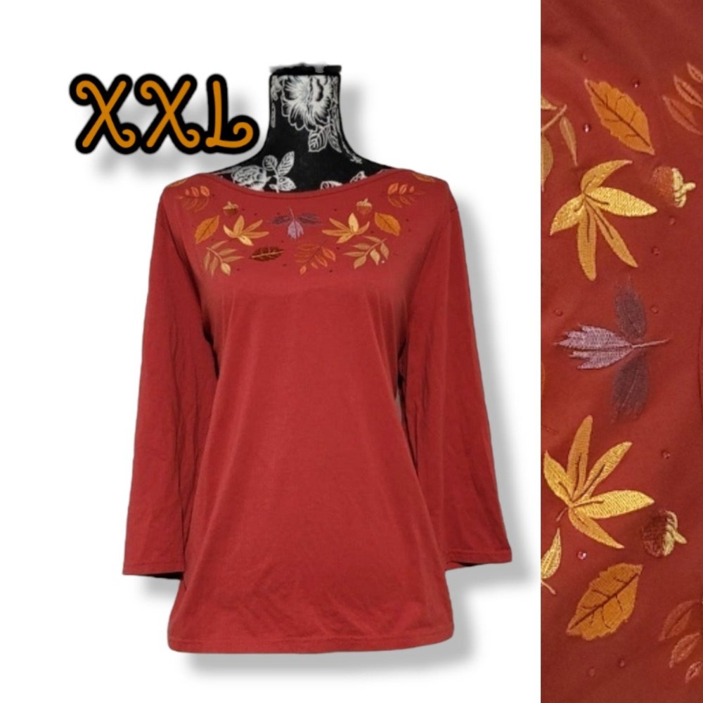 xxl Basic Editions orange leaf bling 3/4 sleeve boatneck plus